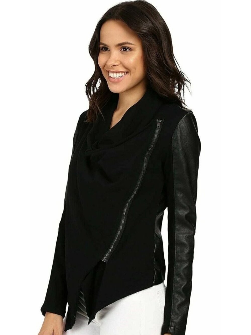 BLANK NYC Black Vegan Leather + Knit Draped Front Moto-Style Jacket Size Large